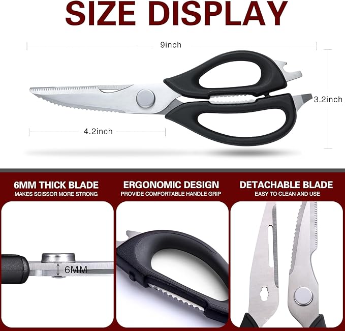 Kitchen Scissors for Food Heavy Duty, All Purpose Kitchen Shears that Come Apart Dishwasher Safe, Sharp Stainless Steel Cooking Scissors for Meat, Poultry, Fish (Black)