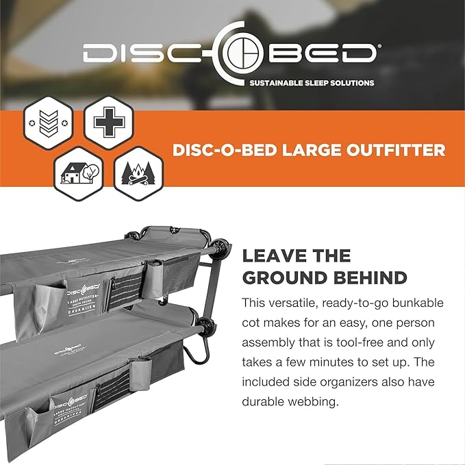 Disc-O-Bed Portable Cam-O-Bunk Bed, Large 2 Adult Sleeping Cot for Camping, Gray