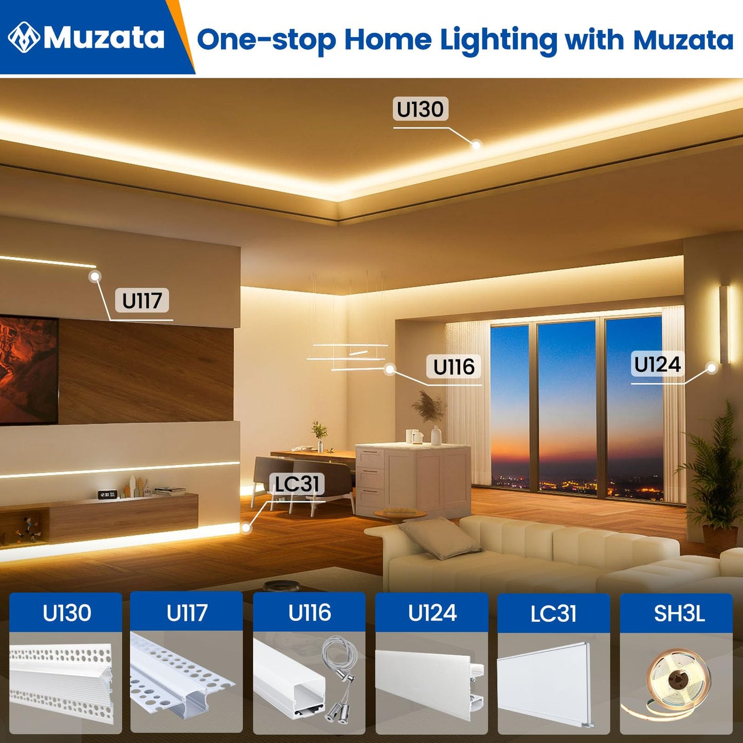 Muzata Led Strip Diffuser Channel, 5Pack 3.3Ft/1M, Aluminum, White, Model Mzz563, Trimless For Drywall Ceiling Wall