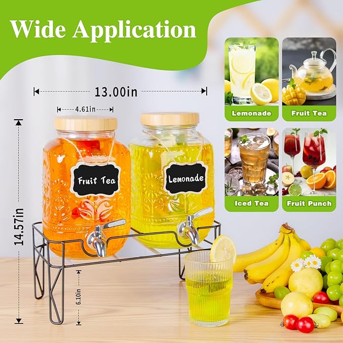 2-Pack1Gallon Glass Drink Dispensers for Parties,Beverage Dispenser with Stainless Steel Leakproof Spigot/Stand/Bamboo Lids/Fruit Infuser/Chalkboard Labels.for Lemonade & Iced Tea,Party Drinks