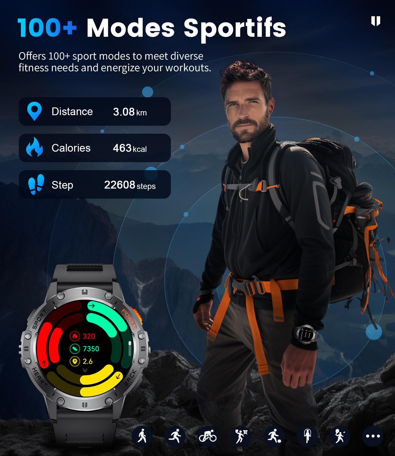 Military Smart Watches for Men(Answer/Make Calls) with LED Flashlight,530mAh Large Battery,1.43’’ AMOLED Heart Rate/Sleep Monitor 5ATM Waterproof Smartwatch for Android iOS,100+Sport Modes,3 Straps