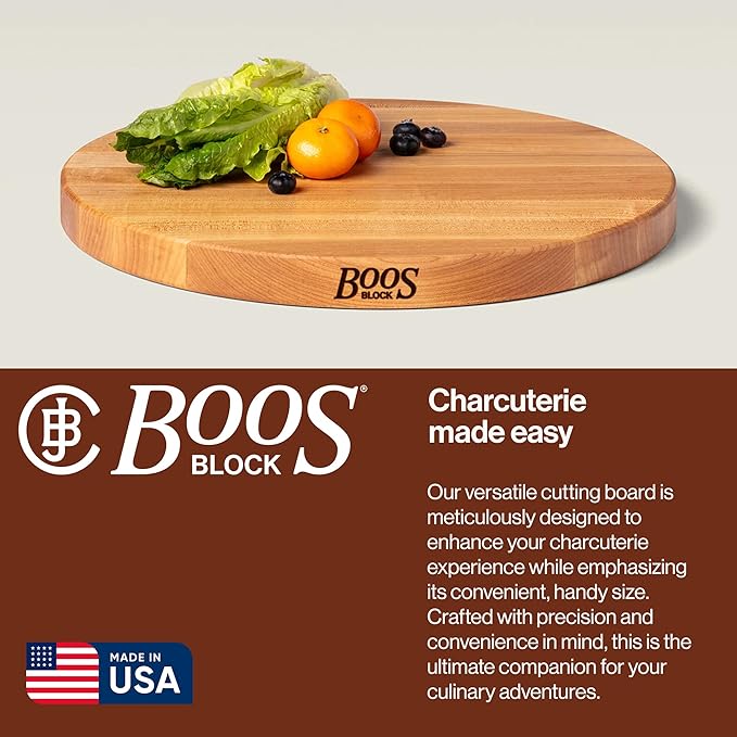 John Boos R-Board Series Round Wooden Maple Cutting Board 18”x18” – 1.5” Thick, 14-lb Reversible Butcher Block with Edge-Grain – Made in the USA