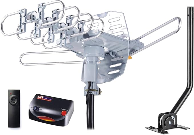 PBD Amplified Outdoor TV Antenna with 360° Motorized Rotation, UHF/VHF Long-Range Reception, Remote Control, Mounting Pole...