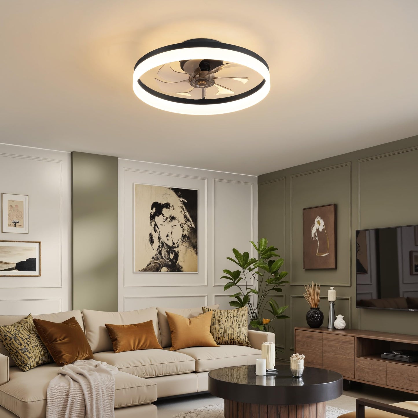 Pusu 19.7 Low Profile Led Ceiling Fans With Light  Reversible Flush Mount With Remote And 6 Winds Speeds Fan Lighting  3 Colors Dimmable For Bedroom  Living Room  Kids  Dinning Room  Kitchen (Black)