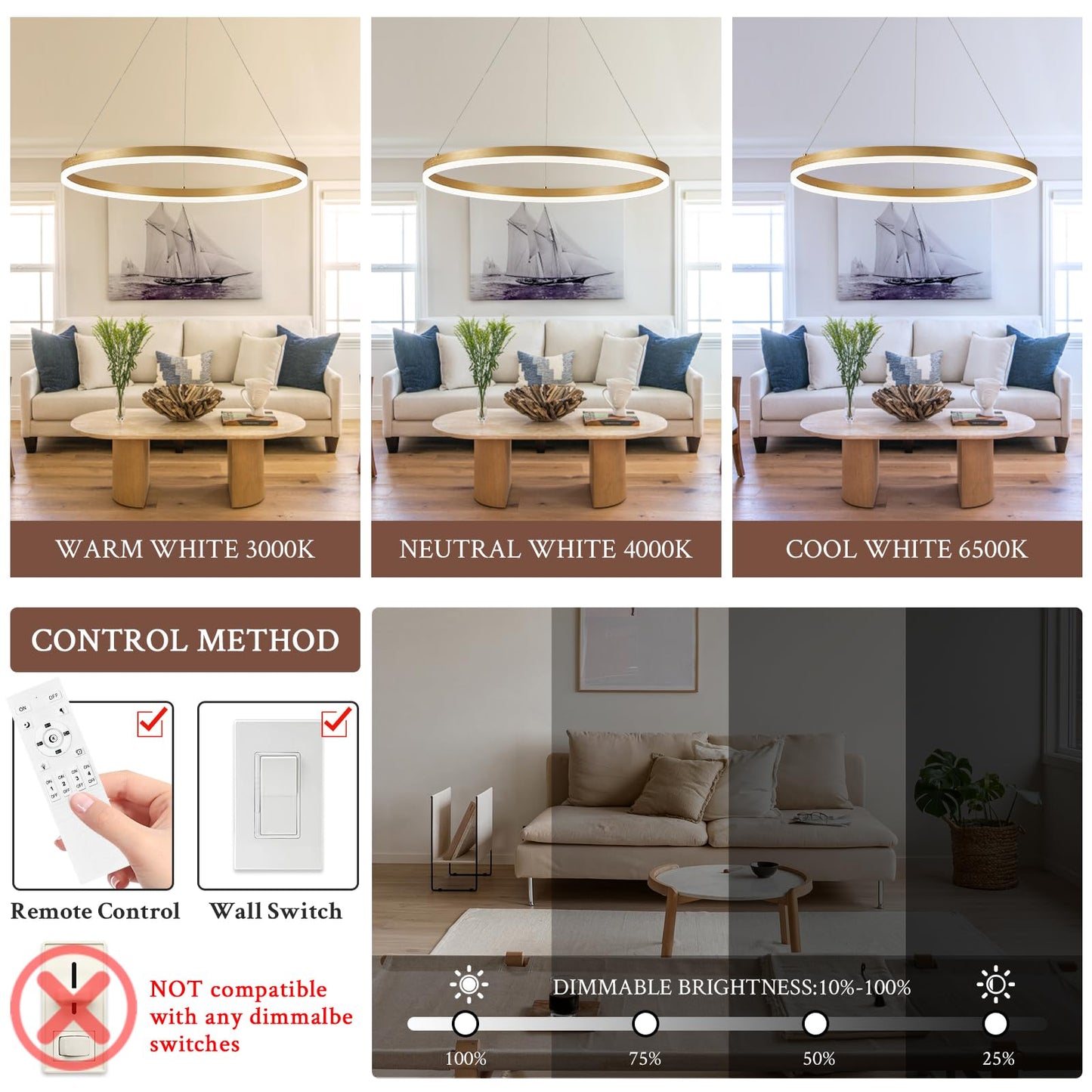 Sparklelf Modern Led Pendant Lighting 24 Ring Chandelier Gold Dimmable Led Chandelier For Dining Room 36W Adjustable Pendant Light Fixture For Living Room Bedroom Home Office Foyer  3000-6500K