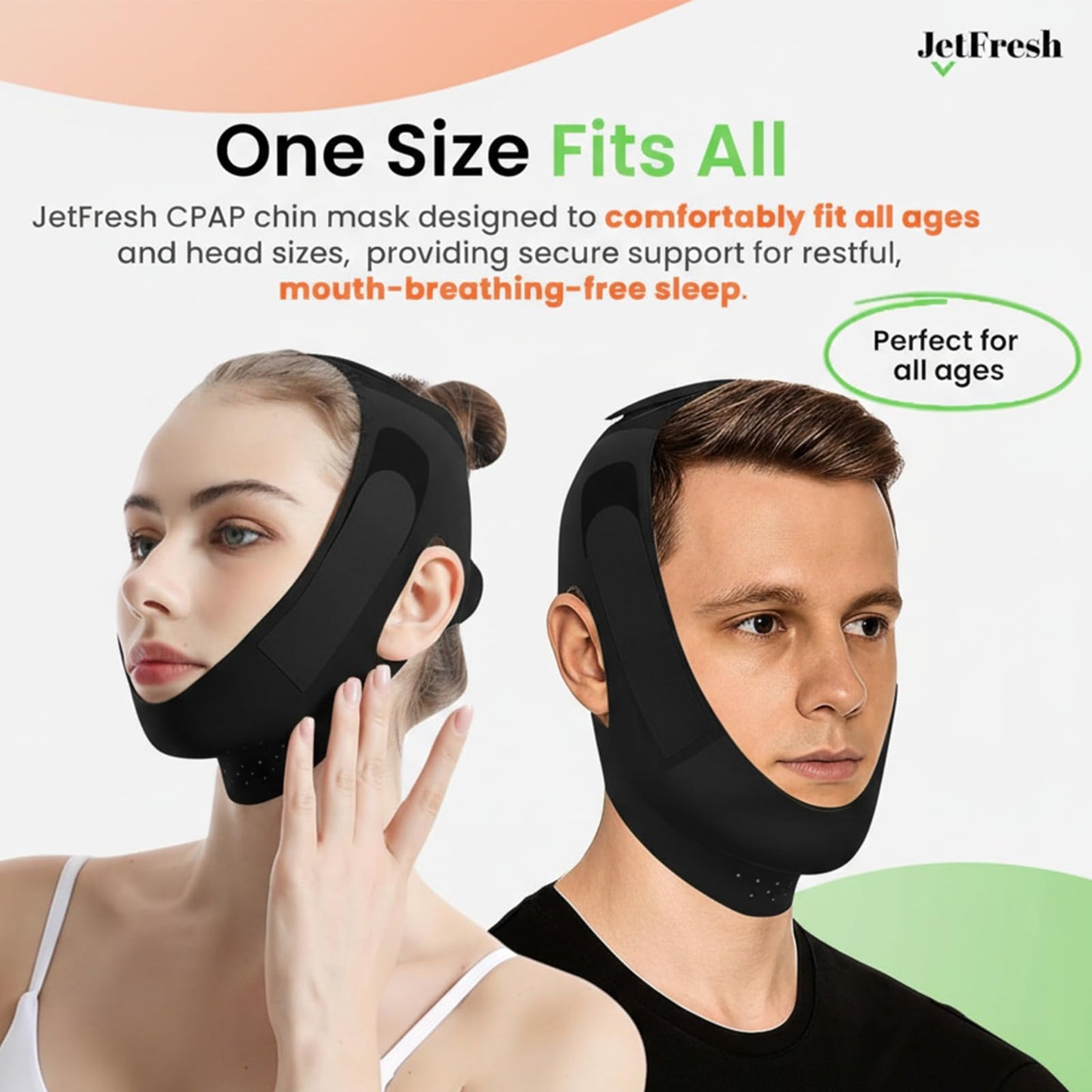 JetFresh Chin Strap for Sleeping and Snoring - Black Anti Snoring Device for Men and Women, Breathable and Skin-Friendly Snore Stopper with Adjustable Fit That Holds Jaw in Place & Supports CPAP Users