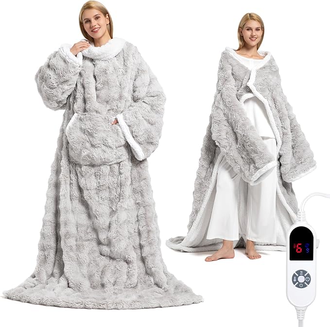 Wearable Heated Blanket, Luxury Faux Fur & Sherpa Electric Throw Blanket with Sleeves, Foot Pockets, Heated Robe for Women...
