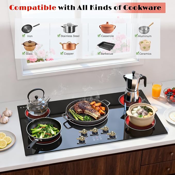 Karinear 36 inch Electric Cooktop, 5 Burner Radiant Cooktop with Knob & Touch Control, 9200W 240V Built-in Stove Top, 9 Power Levels, Timer, Child Lock, Pause, Residual Heat Indicator(Gold Knob)