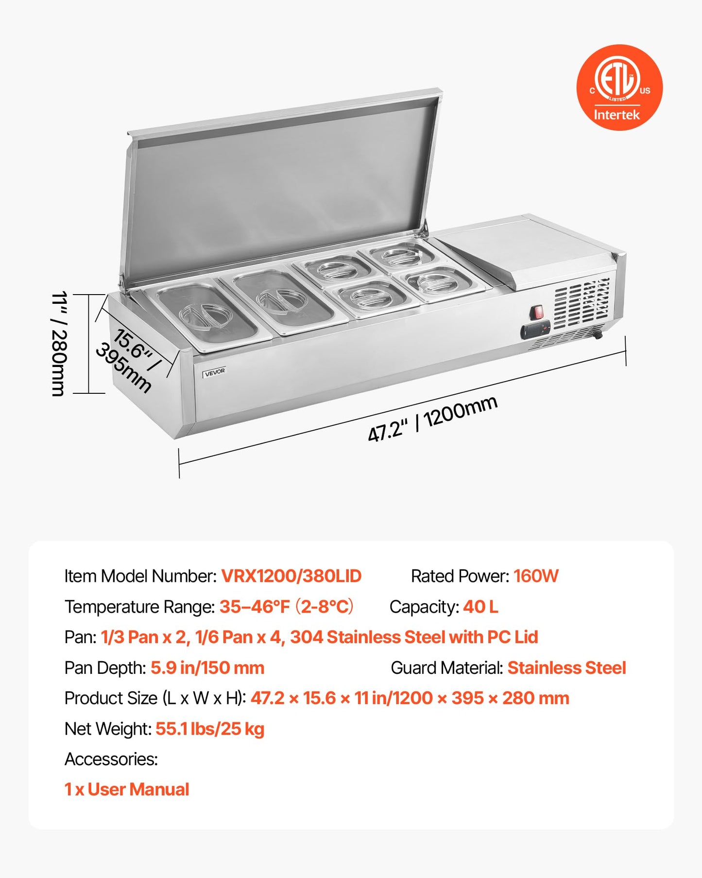 VEVOR Refrigerated Condiment Prep Station, 130 W Countertop Refrigerated Condiment Station, with Two 1/3 Pans & Four 1/6 Pans, 304 Stainless Body and PC Lid, Sandwich Prep Table with Stainless Guard