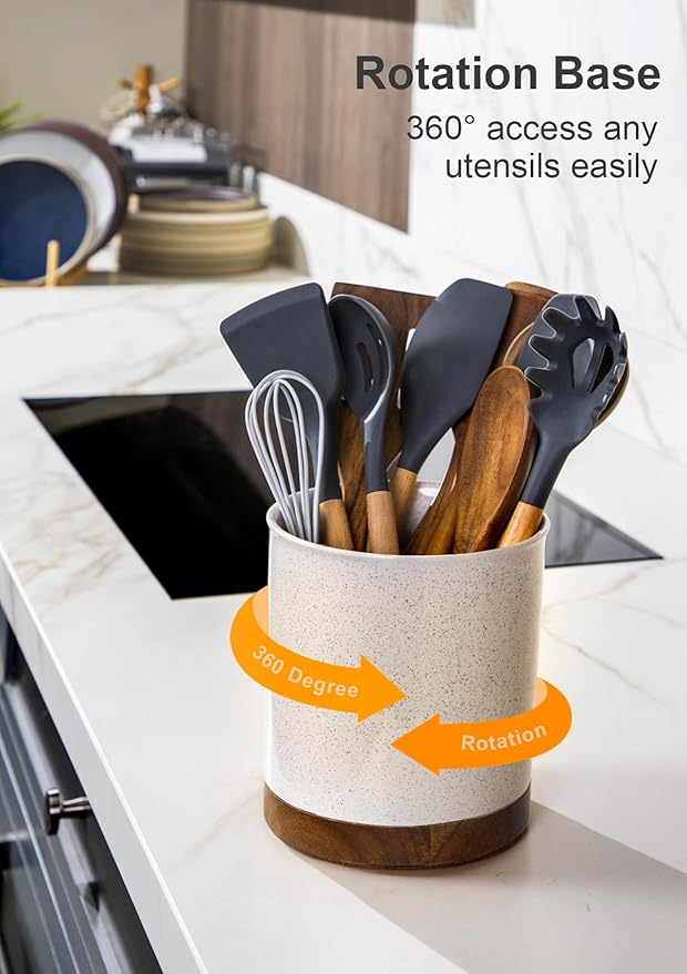 Nucookery 360°Rotating Utensil Holder, 7.2" Large Utensil Crock, Ceramic Cooking Utensil Organizer with Countertop-Protection Cork Bottom for Farmhouse Kitchen Decor Christmas Thanksgiving Gift (Sand)