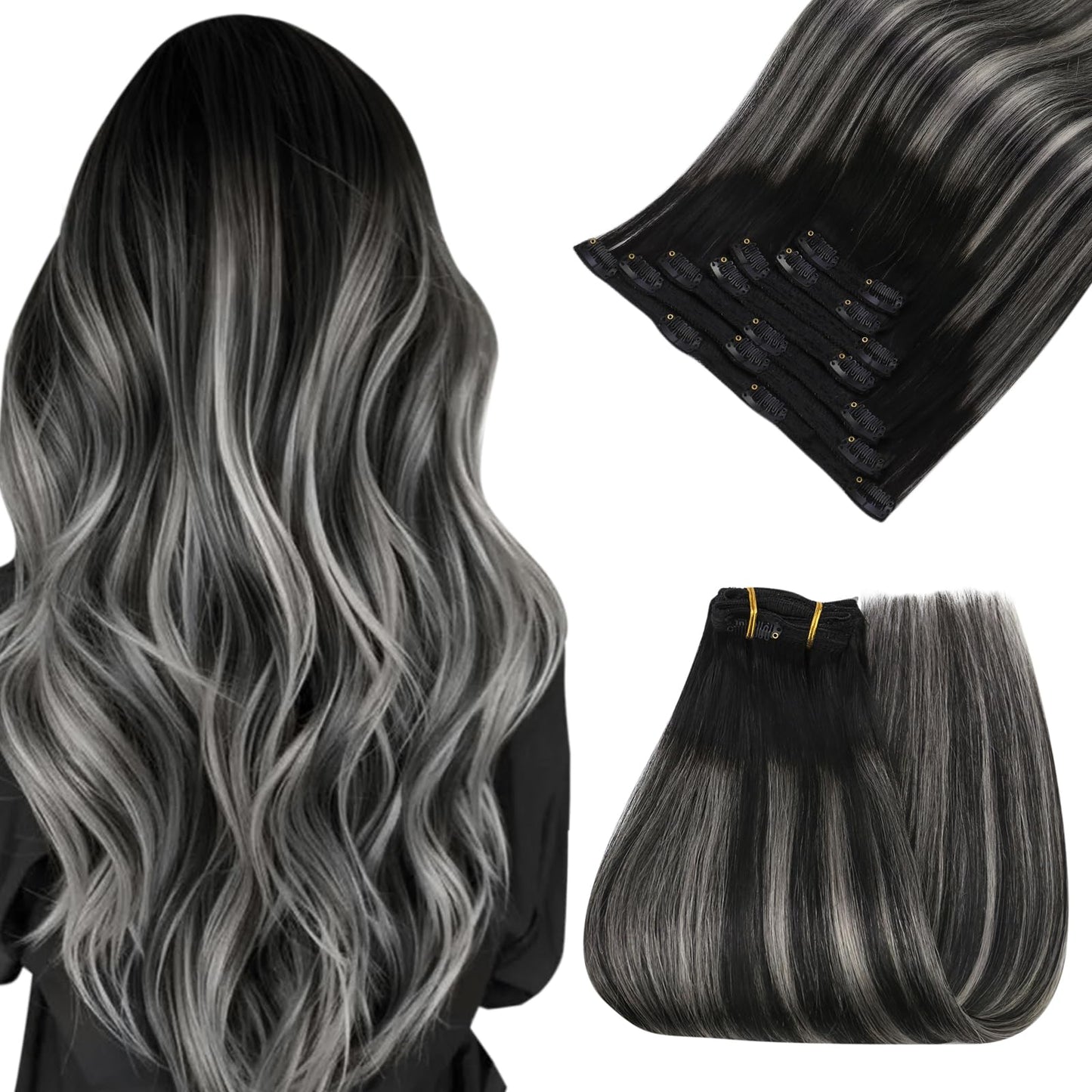 Easyouth Clip in Hair Extensions Ombre Remy Hair Extensions Clip ins Blend of Black and Silver with Black Roots Seamless Clips o