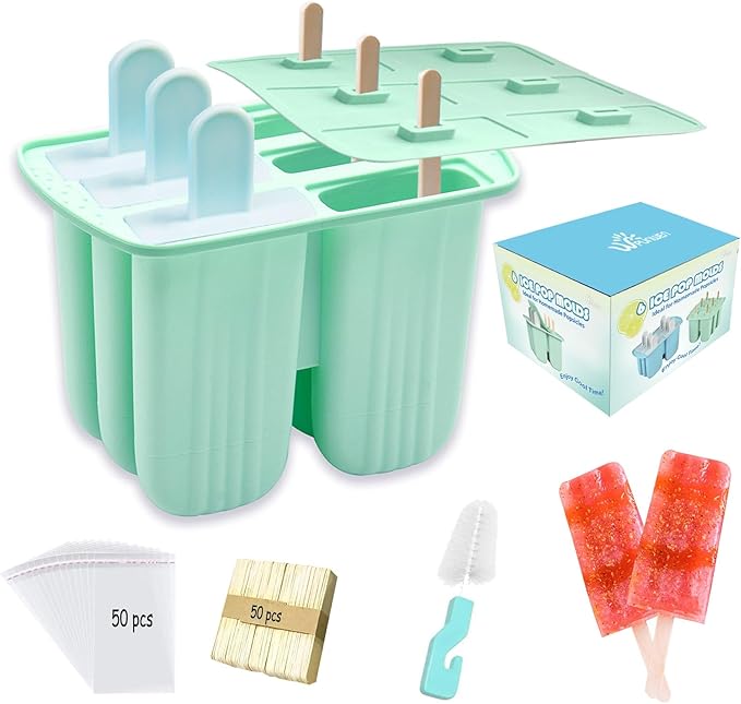 Silicone Popsicle Molds with Sticks Wpunwen 6 Cavity Ice Popsicle MoldsIce Cream Mold with Clean Brush 6 Reusable Sticks 50 Sticks 50 Bags Green