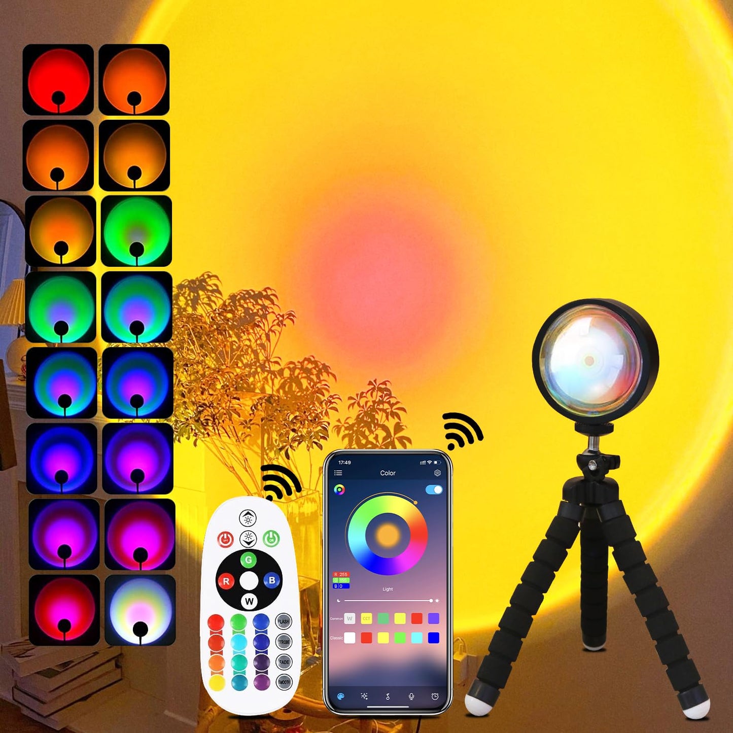 xoddi Sunset Lamp Projector LED Lights with Remote, 16 Colors, 360? Rotation, Model 7011, Black