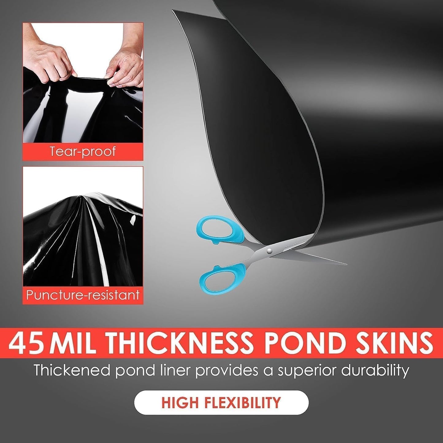 10x10 Ft Pond Liner, 45 Mil Thickness, Pliable & Durable Epdm Material, Easy Cutting & Uv Resistant, for Fish or Koi, Features, Waterfall Base, Fountains and Water Gardens