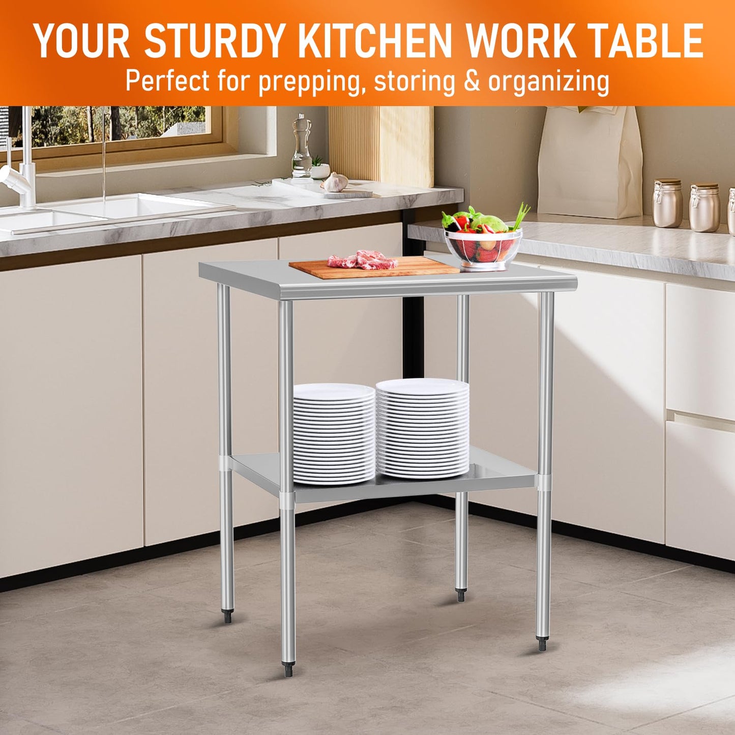 HOCCOT Stainless Steel Table for Prep & Work 30" X 30" inches with Adjustable Undershelf, Commercial Workstations, Utility Table in Kitchen Garage Outdoor BBQ