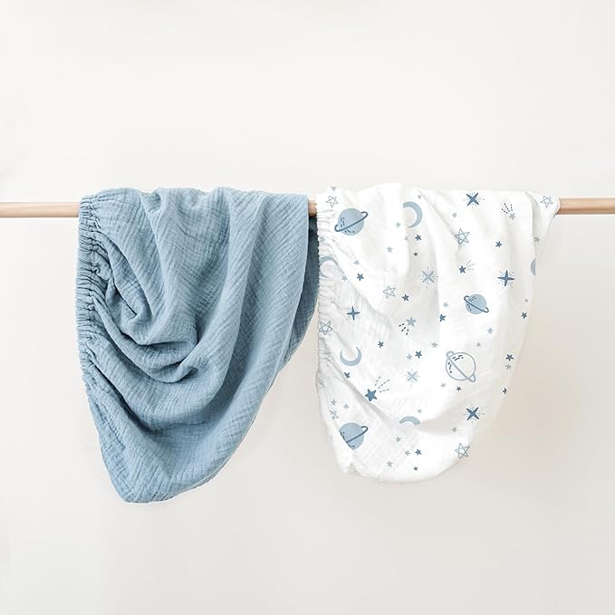 Konssy 2 Pack Muslin Changing Pad Covers for Boys, Ultra Soft & Breathable Cotton Baby Diaper Changing Table Covers, Neutral Nursery Diaper Changing Pad Sheets (Star,Blue)