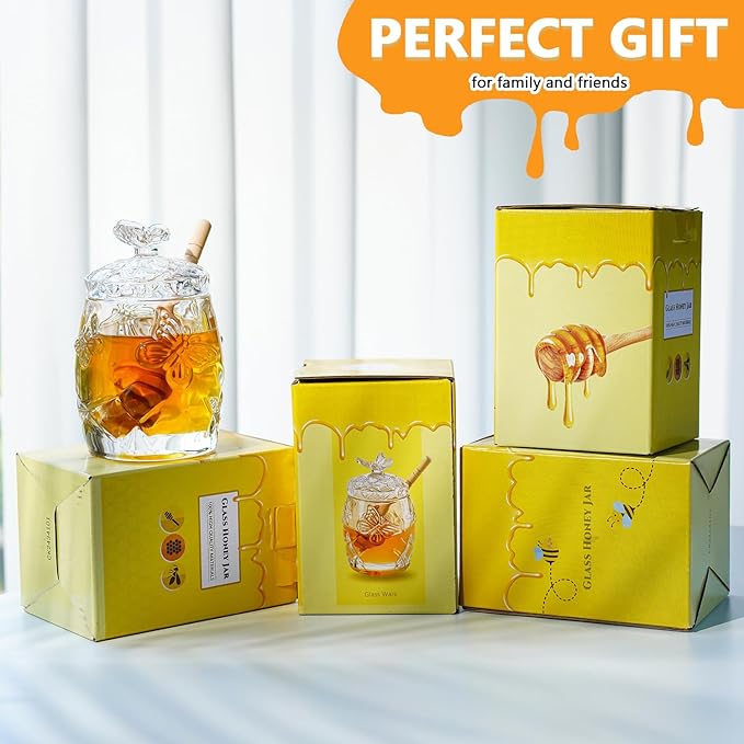kanpura Clear Crystal Honey Jar with Dipper and Lid, Honey Bee Pot, 4.5oz Glass Honey Pot for Christmas Home Kitchen Decor