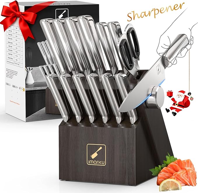 Knife Sets for Kitchen with Block imarku G14 Japanese Knife Set Stainless Steel Kitchen 14pcs, Built-in Sharpener, Sharp Knives with Non-slip Ergonomic Handle - Dishwasher Safe, Home Essential Gifts