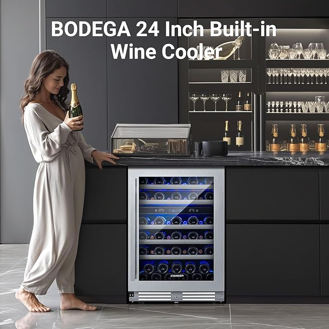 BODEGA 24 Inch Wine Cooler, Under Counter Wine Fridge Dual Zone With Silent Cooling System, Built In Or Freestanding Wine Cooler Refrigerator For Home, 56 Bottles With Stainless Steel Glass Door.