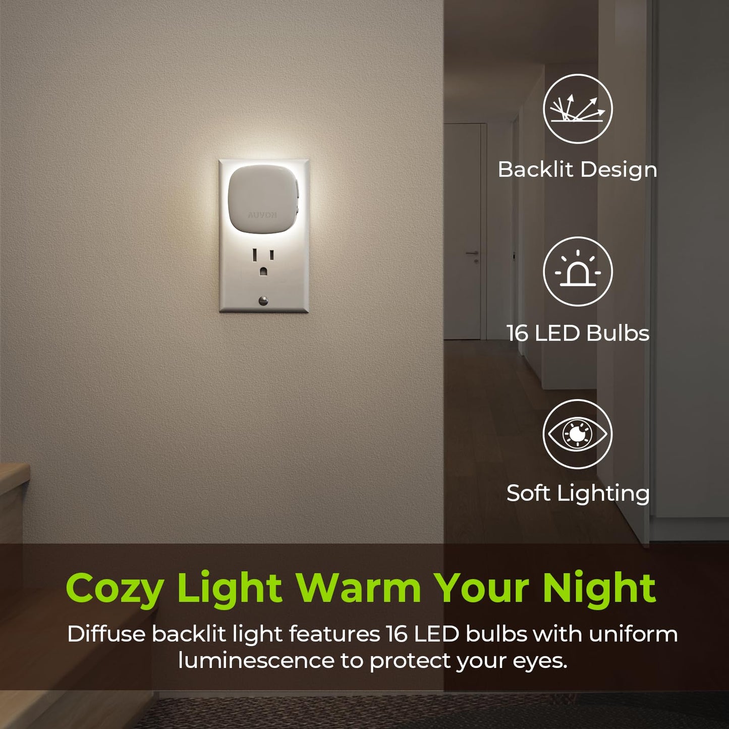AUVON LED Night Light with Motion Sensor, Dimmable 1-50 lm Brightness, Cool White, 4 Pack, Model N001A