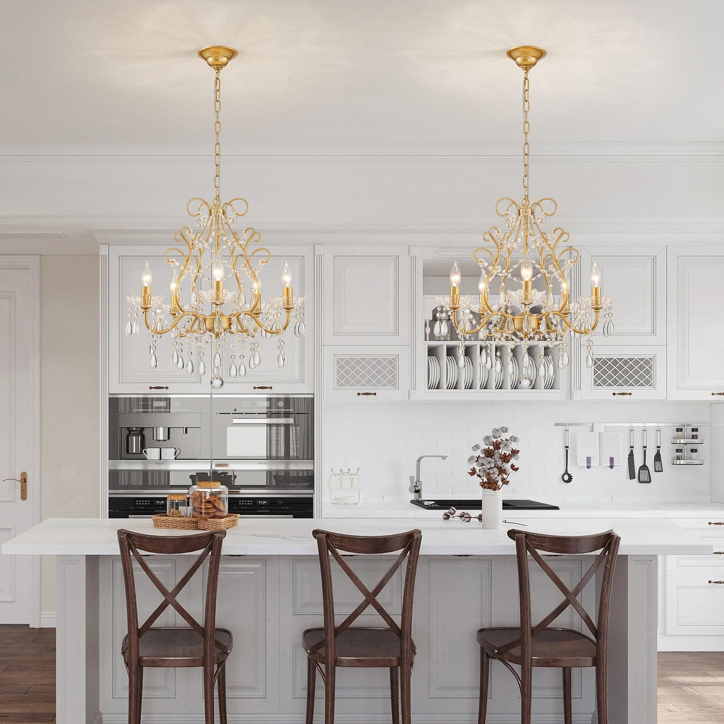 Wuzups 5-Light Crystal Candle Chandelier Pendant Ceiling Light Modern Lighting Fixture For Bedroom Hallway Bar Kitchen Bathroom  H 23.2 W 20.7  E12 Base  Gold