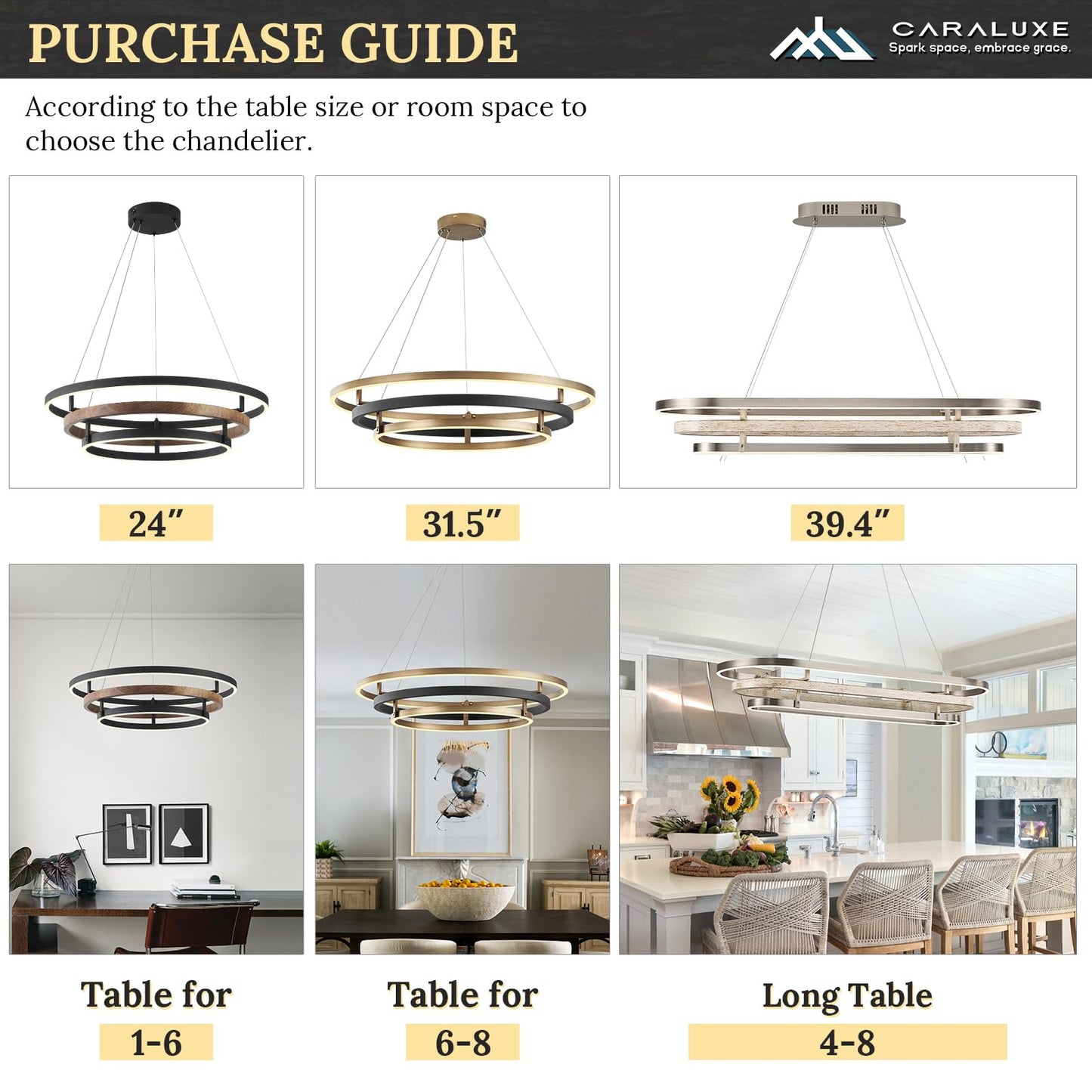 CaraLuxe 3 Ring LED Chandelier Black Walnut Wood 31in Dimmable Light Fixture for Foyer Dining Room Bedroom Office