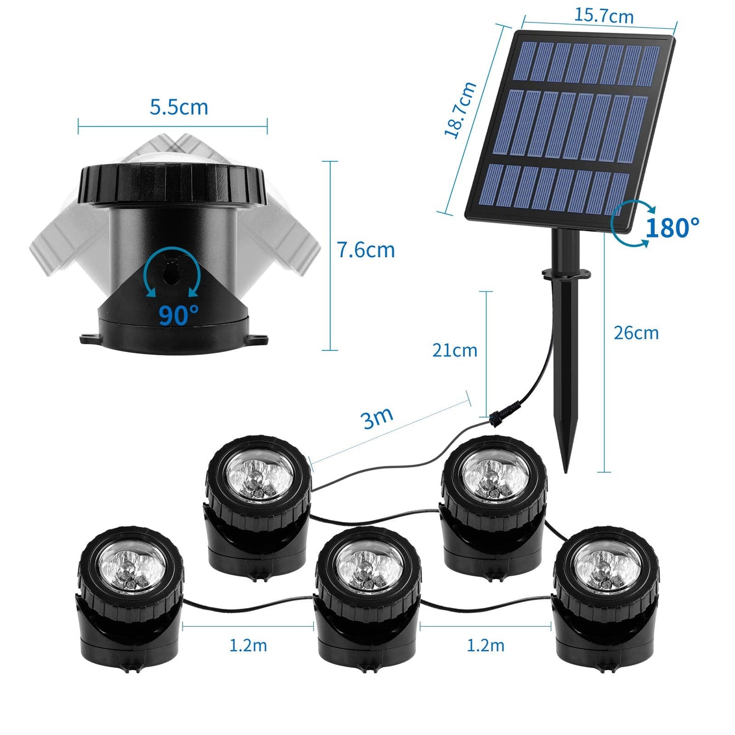 T-SUN Solar Pond Lights, 5 Head RGB LED Spotlights, Adjustable Angle, Submersible for Fountain, Pond, Pool Decoration, 5-Head-Lamp