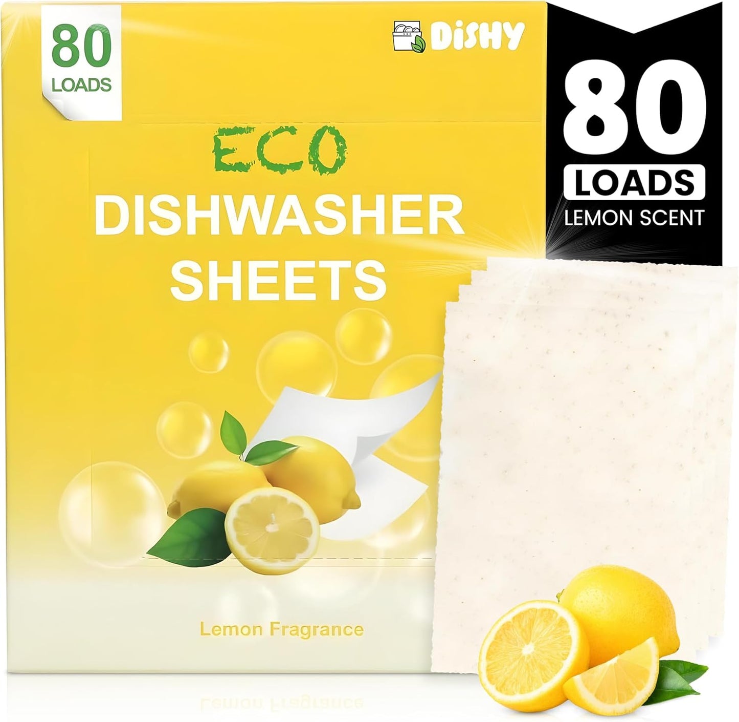 Dishy Eco-Friendly Dishwasher Detergent Sheets - 80 Loads | Plant-Based, Biodegradable & Plastic-Free | Alternative to Dishwasher Tablets | Fresh Lemon Scent