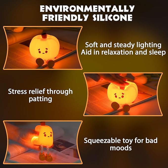 Pumpkin Night Light, Cute LED Lamp, Silicone Dimmable Nursery Nightlight for Kids, Silicone Rechargeable Bedside Touch Lamp, Funny Office Desk and Halloween Decor for Woman and Kids
