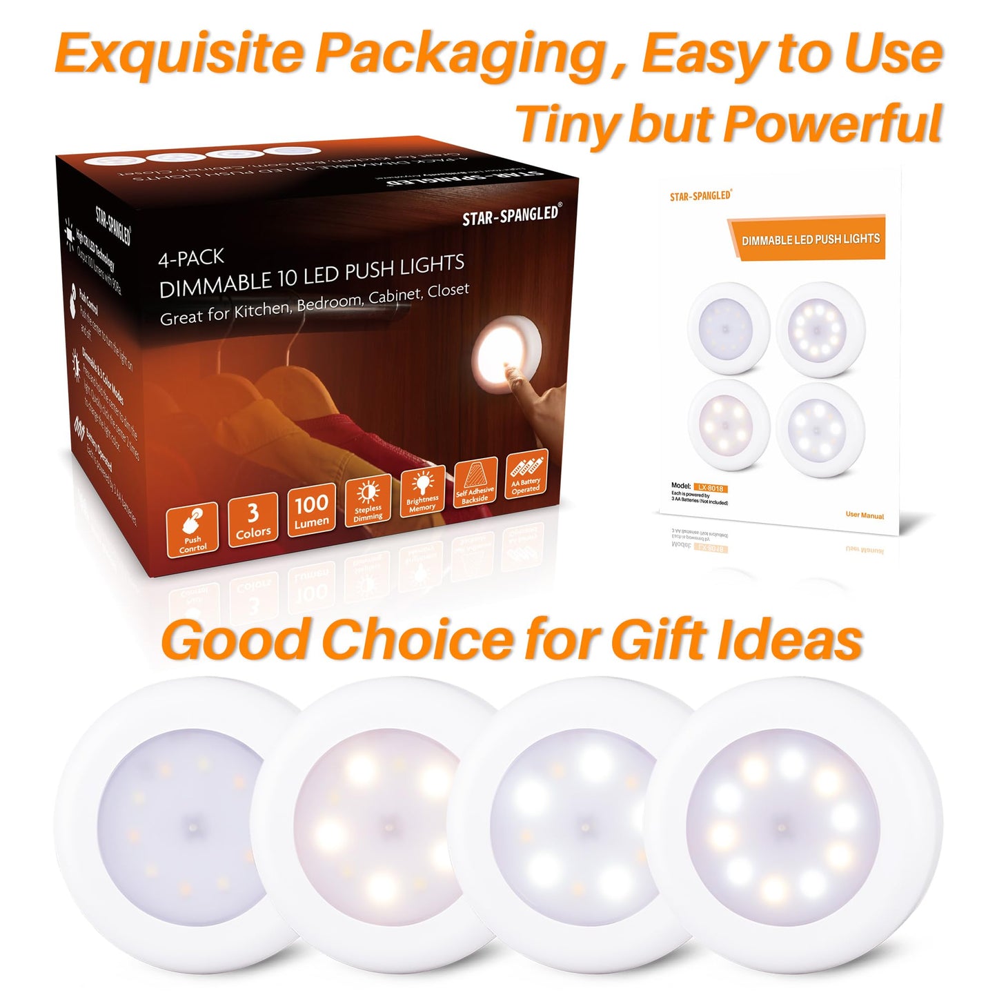 Star-Spangled 4 Pack 3.1  Dimmable Push Tap Lights  Stick On Led Touch Puck Lights Aa Battery Operated  3 Color Modes Sticky Button Lamps For Classroom  Kitchen  Under Cabinet  Closet
