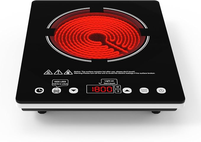 Single Burner Electric Cooktop, 110V-120V Electric Stove Infrared Hot Plate with Touch Control, Child Safety Lock, Timer, 9 Power Level, 1800W Plug in Induction Cooktop Burner for Cooking
