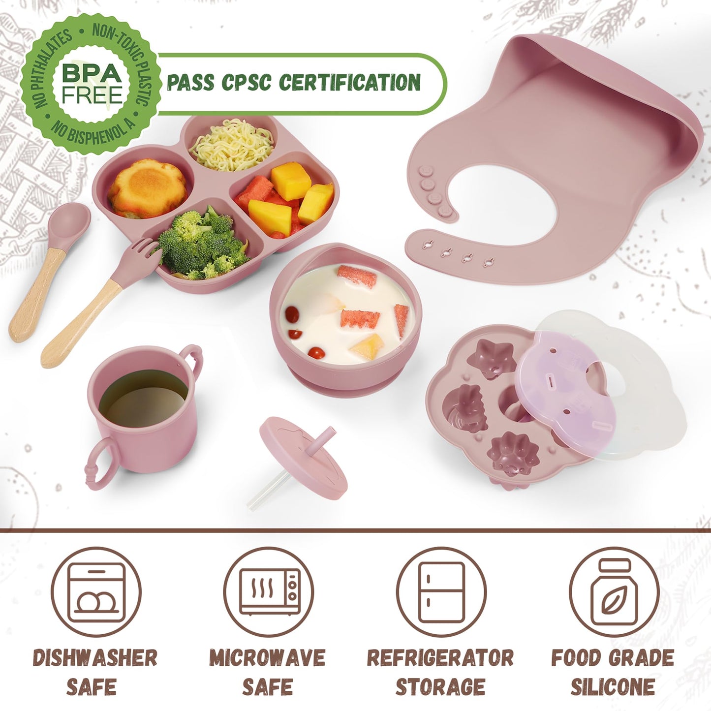 MIICASA Silicone Baby Feeding Set, Baby Led Weaning Supplies, Baby Food Tableware Silicone Suction Plate, Bowl, Spoons, Fork, Waterproof Bib, Cup & Complementary Food Cake Mold, Baby Eating Utensils