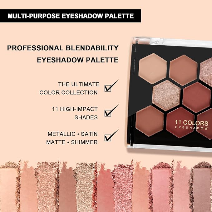 Boobeen 11-Color Eyeshadow Palette - Matte & Shimmer, High Pigment Creamy Eye Shadow Powder, for Dramatic Day to Night Looks, Blendable & Neutral