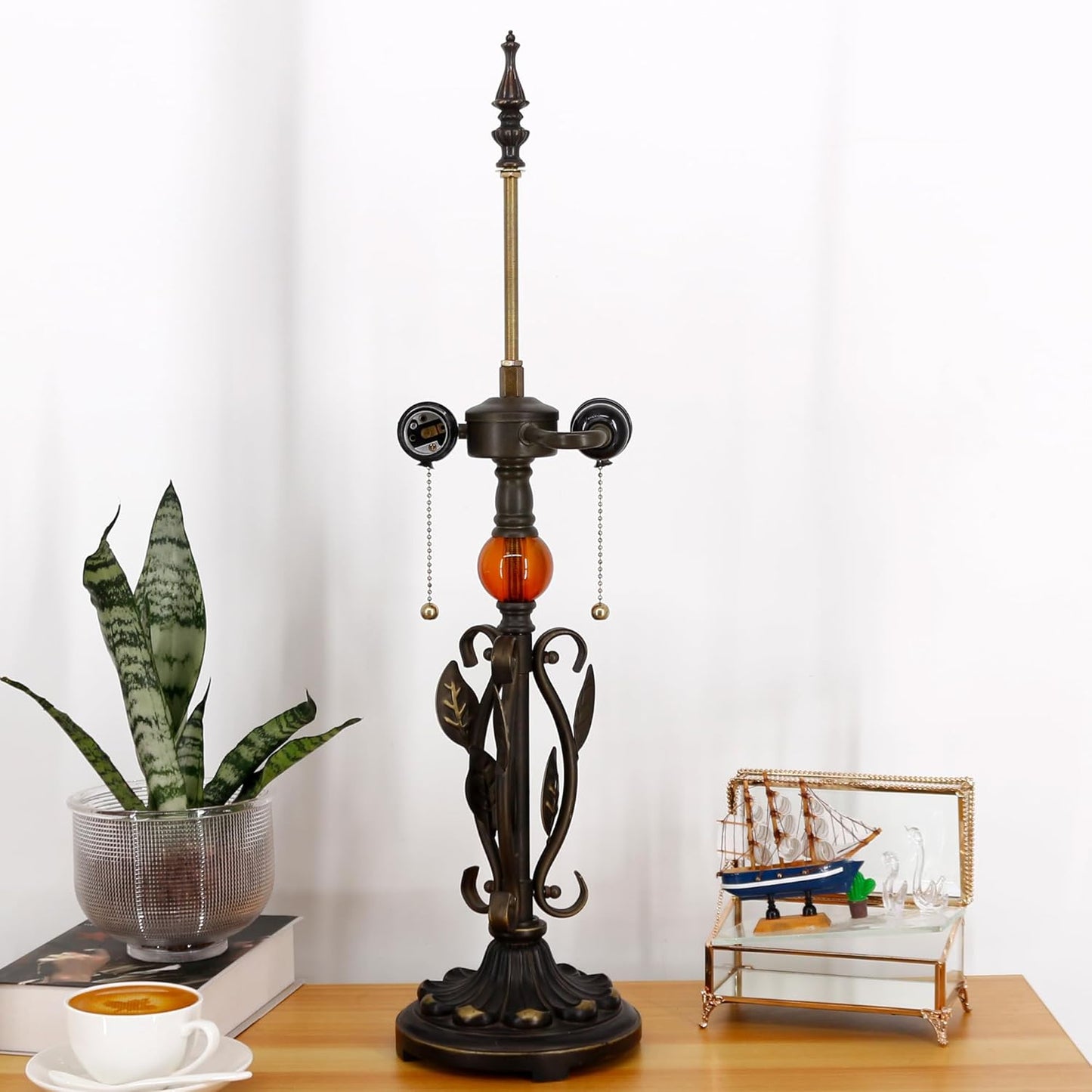 Table Lamp Mid-Century White Fabric Desk Reading Light with Antique Resin Metal Leaf Base 25 Inch Tall Decor for Living Room Office Bedroom