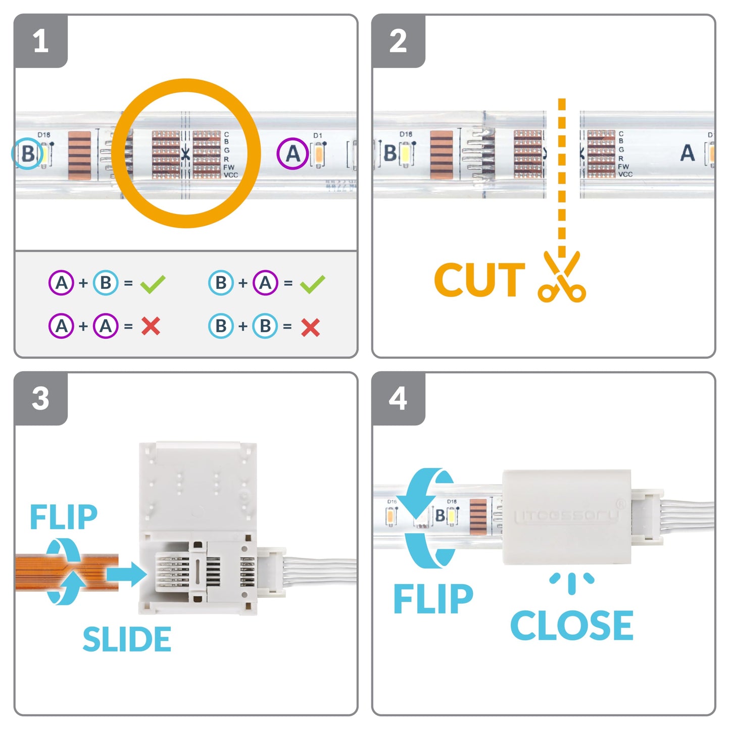 Litcessory 6-Pin To Cut-End Extension Connector For Philips Hue/Solo Lightstrip (2In  4 Pack  White - Micro 6-Pin V4 / Solo Lightstrip)