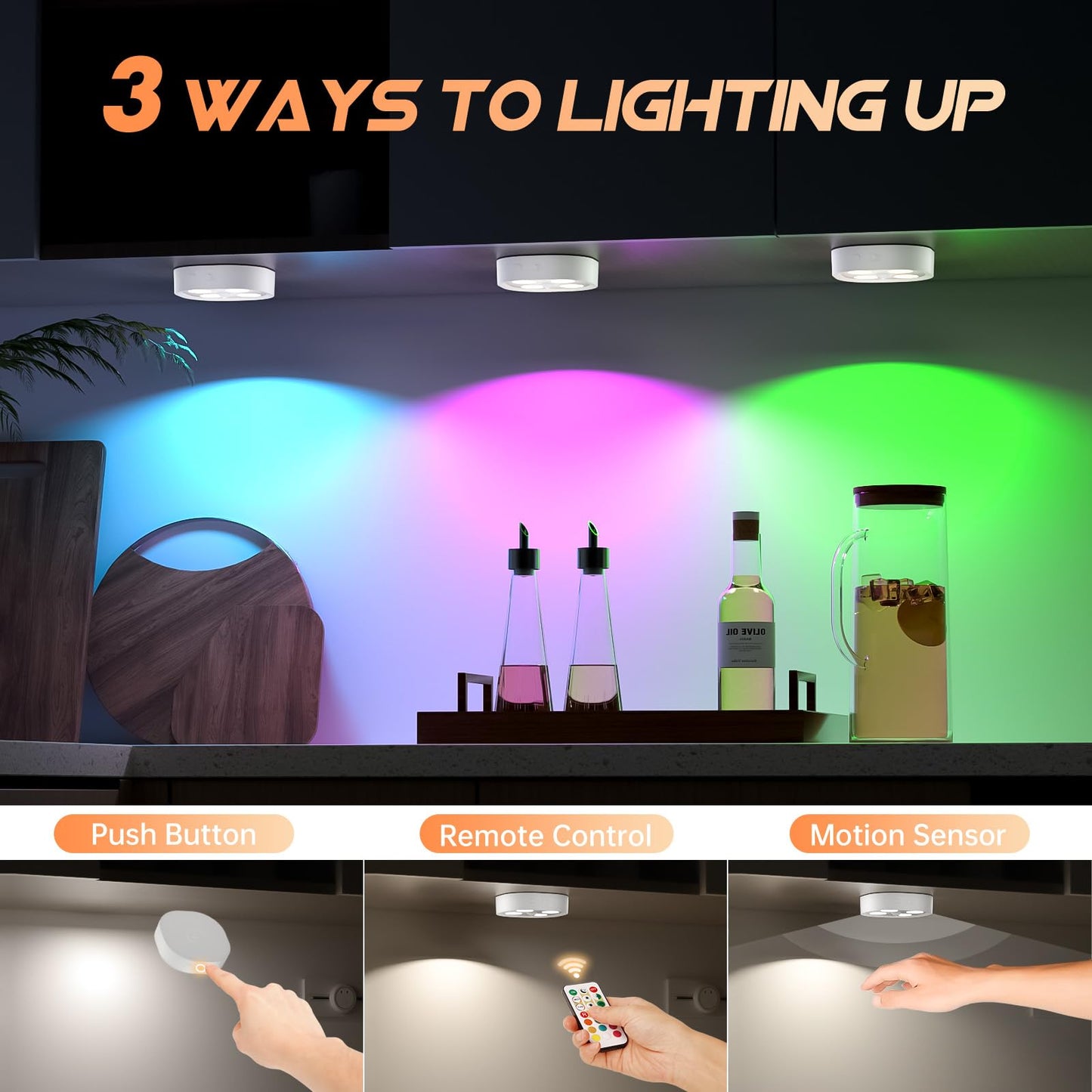 Lightbiz 3PCS Motion Sensor Step Light, Wireless Rechargeable Puck Lights, RGB Color, Model C930-3, Ideal for Closet and Hallway
