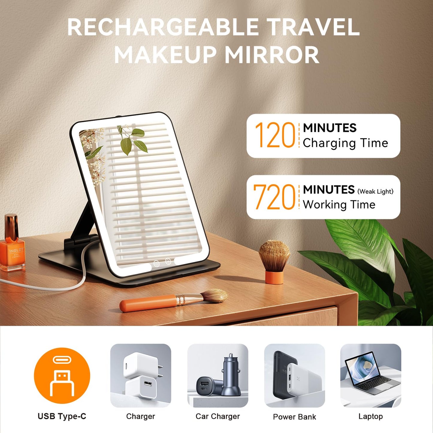 Auxmir Travel Makeup Mirror with 3 Dimmable Color Lights, Portable Foldable LED Lighted Travel Makeup Mirror, Rechargeable Compa