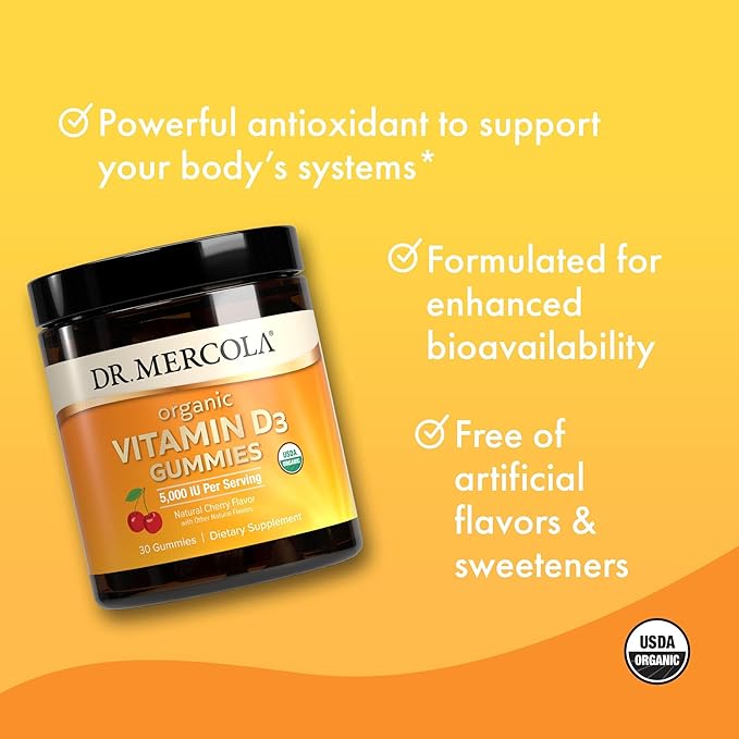 Dr. Mercola Organic Vitamin D3 Gummies, 30 Servings (30 Gummies), 5,000 IU, Natual Cherry Flavor, Dietary Supplement, Bone & Immune Support, Non-GMO