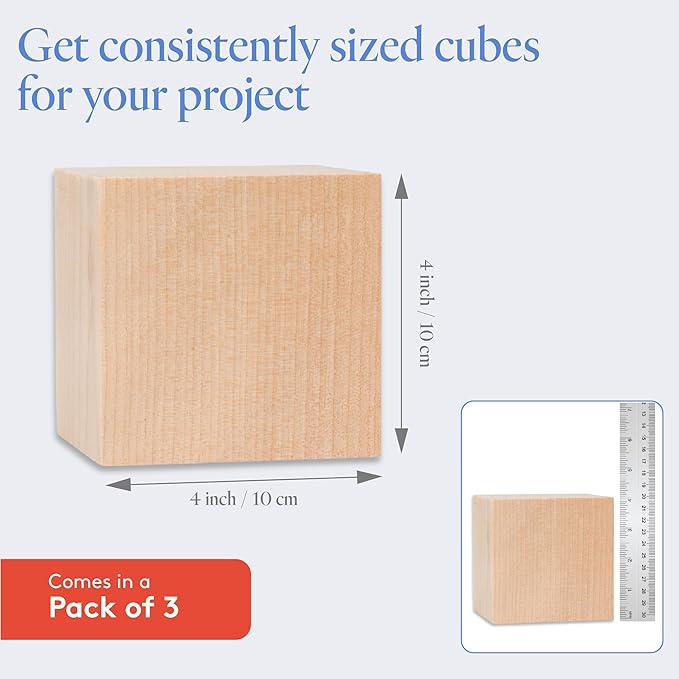 DIY Wood Cubes 4-inch, Pack of 3 Large Blank Wooden Blocks for Crafts, STEM, Building, Monitor Riser, Photo Cube Craft, and Home Decor, by Woodpeckers