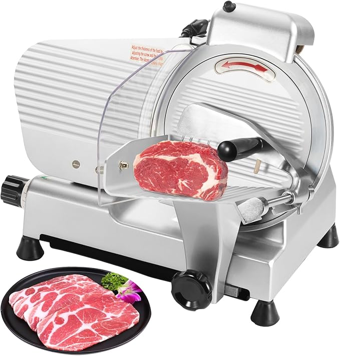HECMAC 10 inch Commercial Meat Slicer, 150W Electric Deil Food Slicer with Removable Blade & Built-in Sharpening Stone,0.2-12mm Adjustable Thickness for Commercial and Home Use, Cut Ham, Bread, Cheese