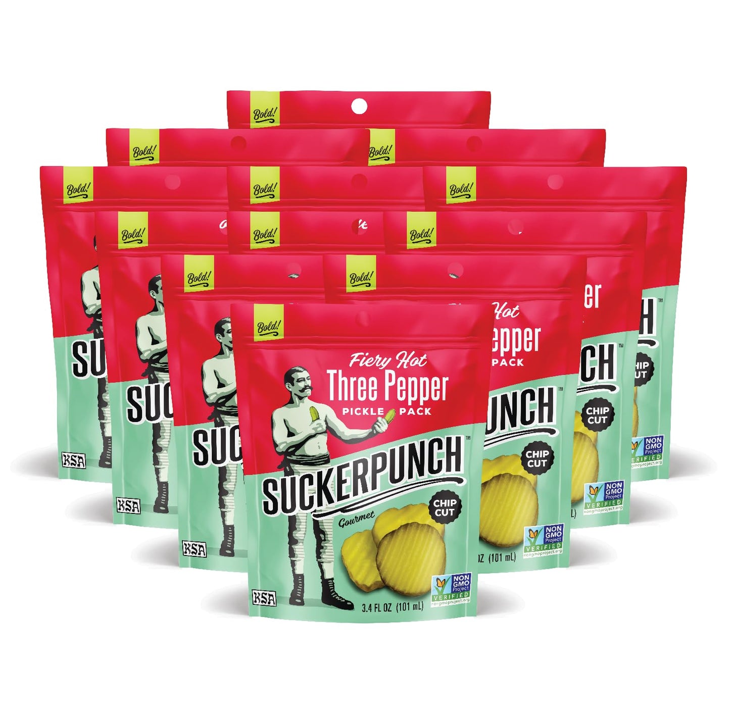 SuckerPunch Three Pepper Pickle Chips, Snack Pack, Gluten Free, Kosher, Sugar Free, Low Calorie, Low Carb, Ready to Eat, on the