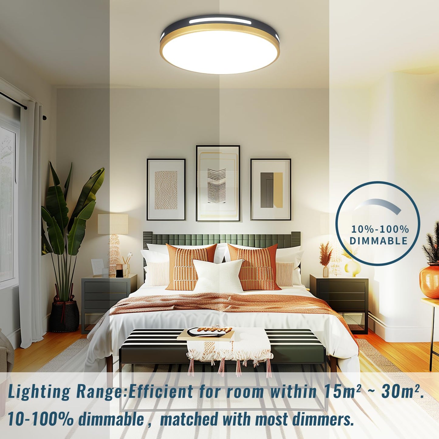 Wheatronic LED Flush Mount Ceiling Light Fixture, 15·36W, Dimmable, Black and Gold, Model C3, 2-Pack
