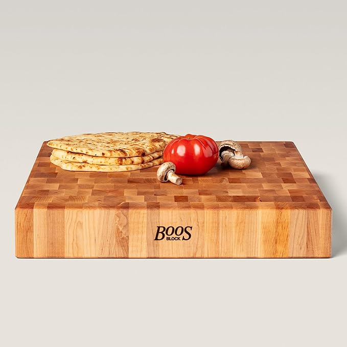 John Boos CCB Series Square Wooden Maple Cutting Board 18”x18” – 3” Thick, 26-lb Reversible Butcher Block with End-Grain & Finger Grips – Made in the USA