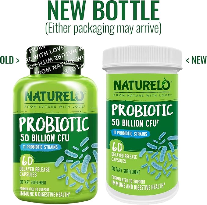 NATURELO Probiotics for Digestive Health - 50 Billion CFU, 11 Strains Daily Supplement - Boosts Immune System, Delayed Release, 60 Vegetarian Capsules