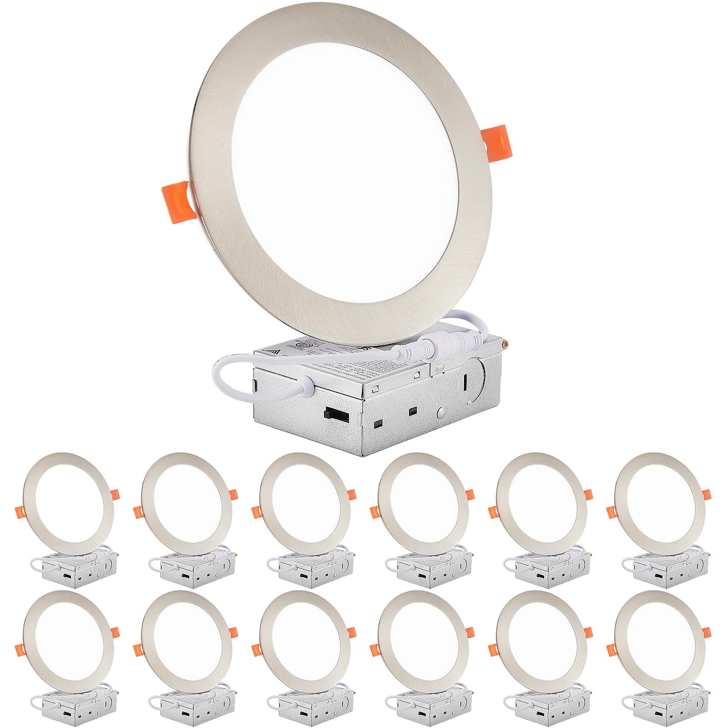 Dllt Led Recessed Ceiling Lights: 12 Pack 6 Inch 5Cct Ultra-Thin Lighting With Junction Box For Bedroom - 1200Lm Brightness 12W Eqv 110W Dimmable Canless Wafer Downlight With Etl&Fcc-Nickel Brush