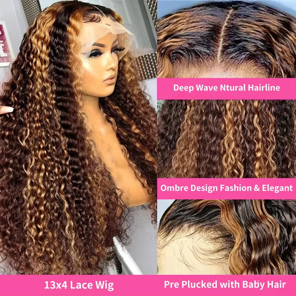 KFgood Ombre Lace Front Wig Human Hair 30inch Highlight 13x4 HD Deep Wave Wig Human Hair 200% Density 4/27 Colored Honey Blonde