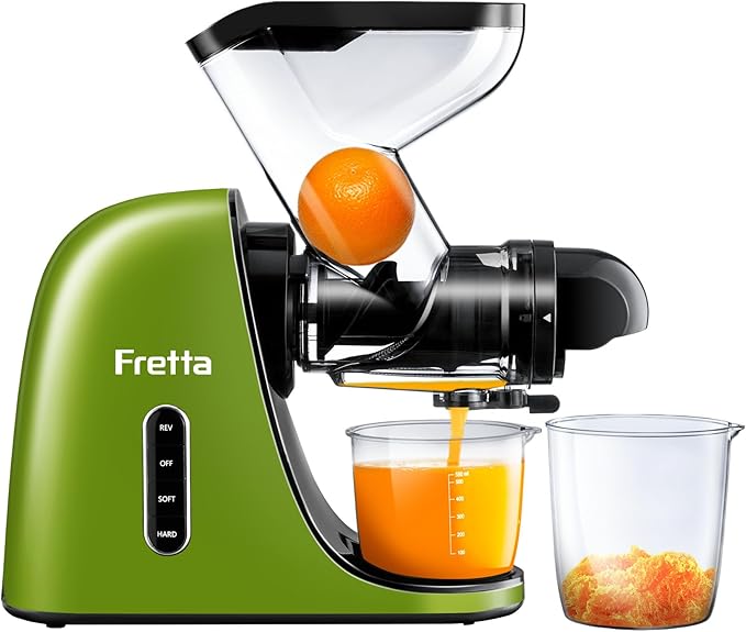 Fretta Cold Press Juicer, Masticating Slow Juicer,Juicer Machines Vegetable and Fruit, 3-Inch Wide Feeding Chute, BPA Free Easy to Clean,Quiet and Strong DC Power, 200W(Dark Green)