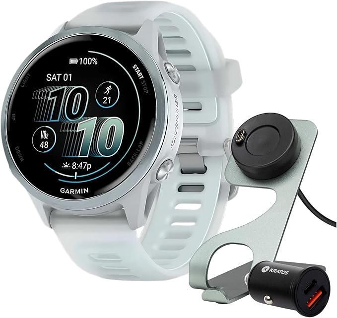 Garmin Forerunner 570 42mm GPS Running Smartwatch (Cloud Blue/Whitestone Band) Bundle with Stand, Charging Cable and Car C...