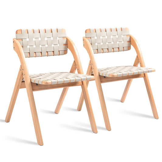 HOMEFUN Folding Dining Chairs Set of 2, Wooden Foldable Chair with Leather-Woven Backrest and Widened Seat Extra for Guests Kitchen Office Wedding Picnic Ivory-White