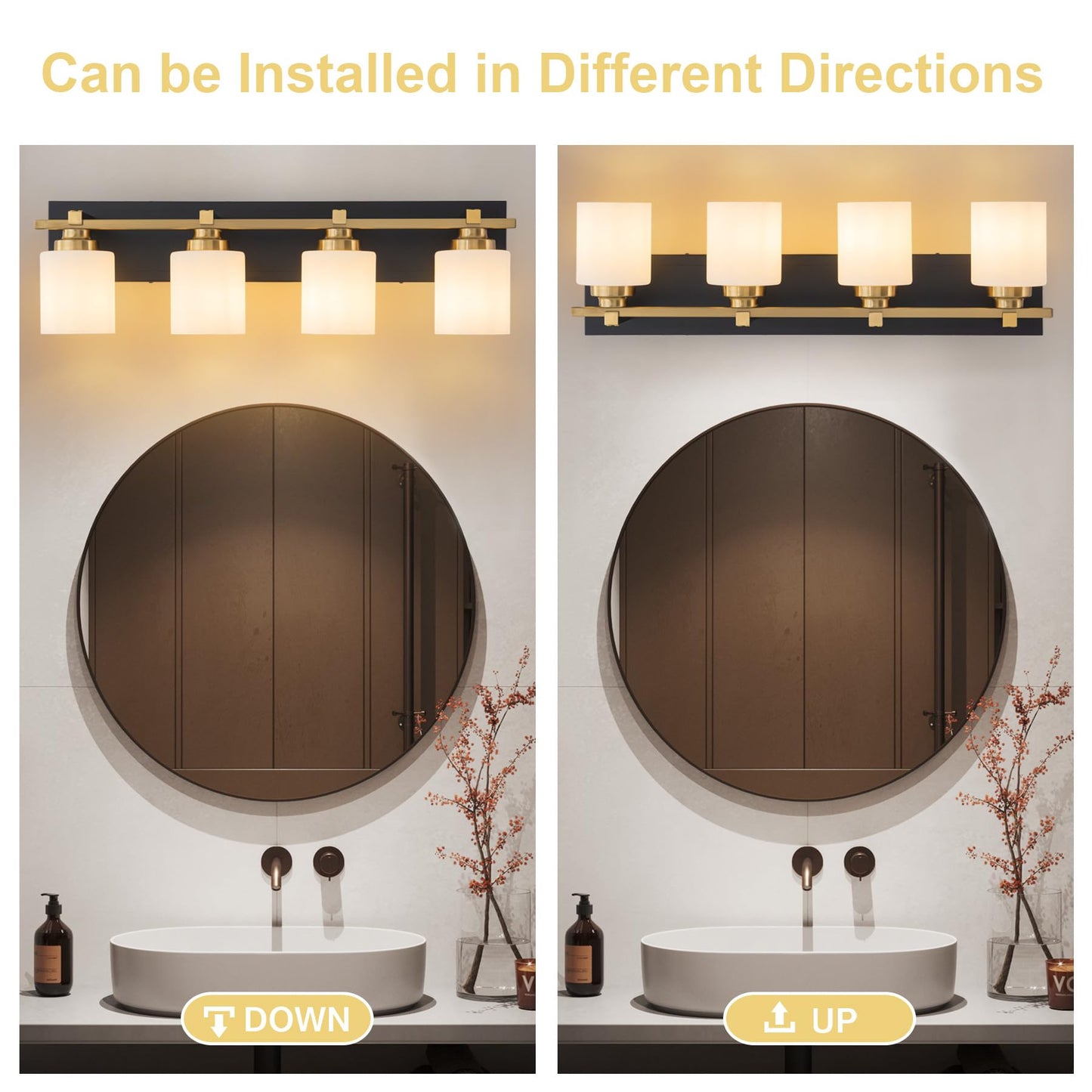 Brknit 4-Light Modern Bathroom Vanity Light Fixture, Black Gold With Milky White Glass Shades, E26 Socket, Model J0057-6-4T